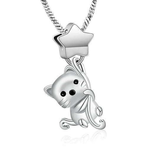 Stainless Steel Star and Cat Urn Necklace