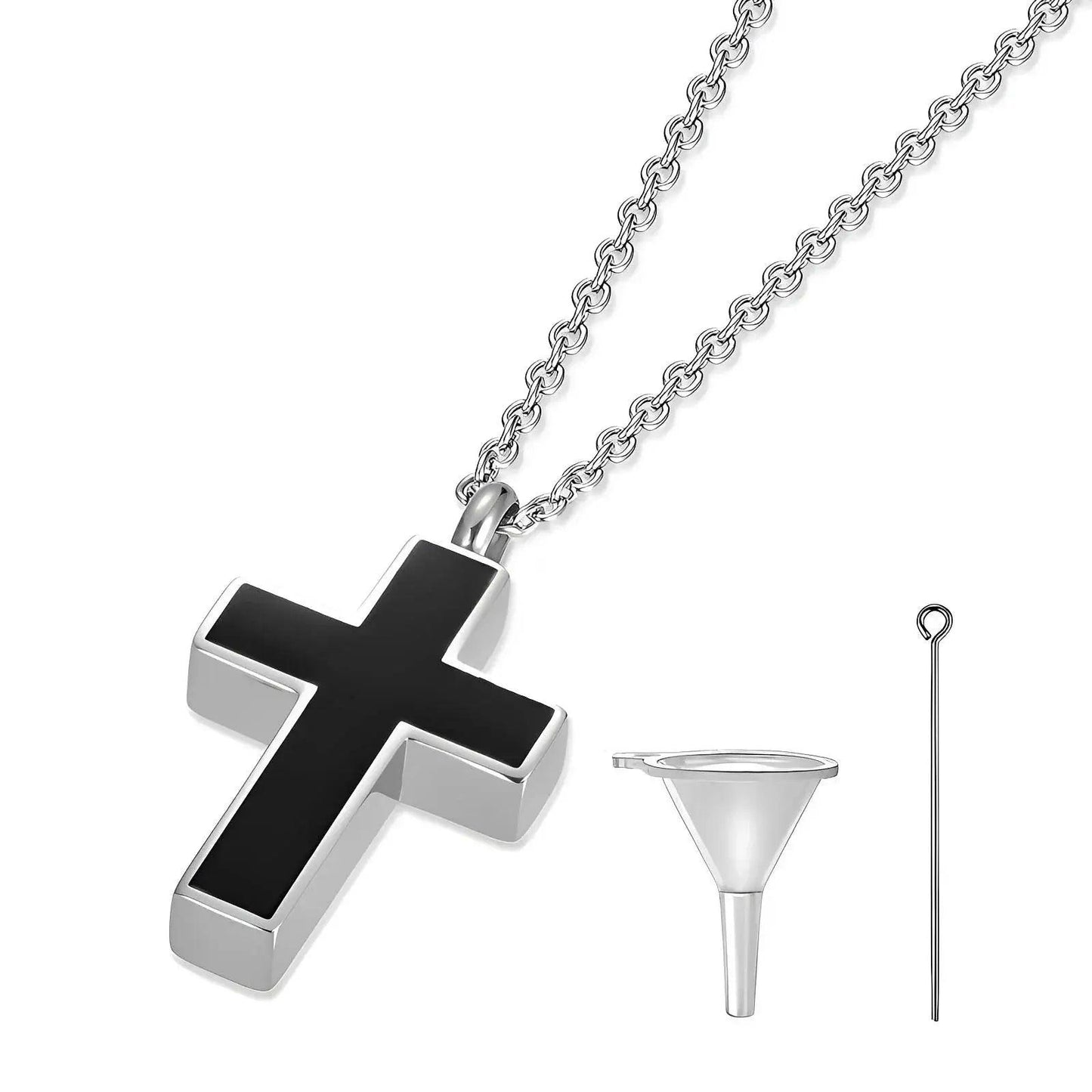 Stainless Steel Cross Urn Necklace for Ashes in Black Finish - Eternal Whiskers