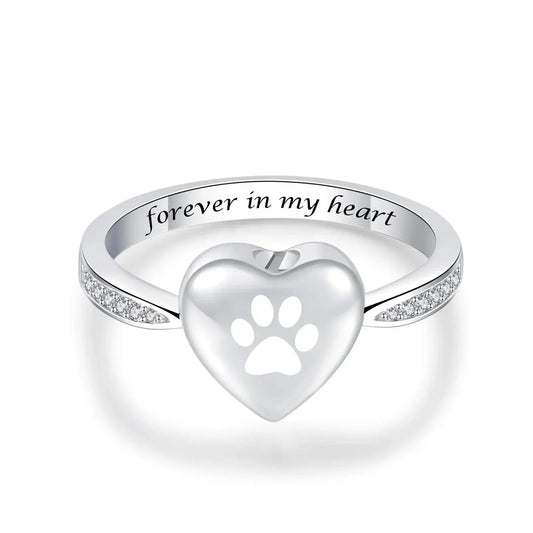 Stainless Steel and Zircon Heart Paw Print Ring - Eternal Whiskers