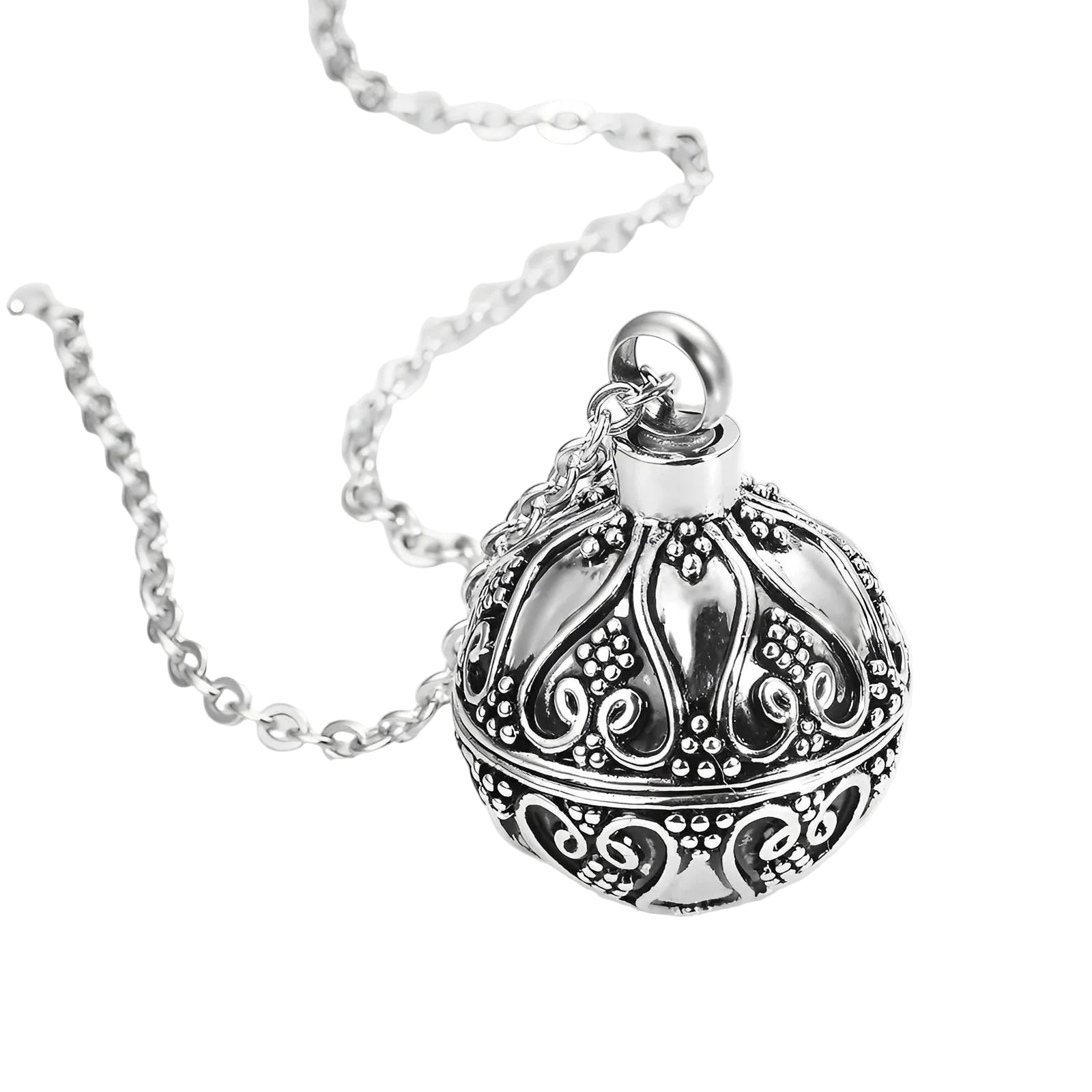 Ornate round silver cremation keepsake necklace for cat remembrance, Eternal Whiskers