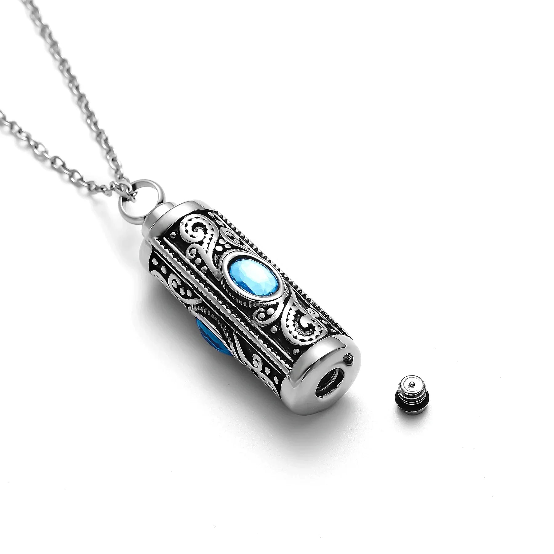 Elegant silver cat cremation keepsake necklace with blue stone from Eternal Whiskers