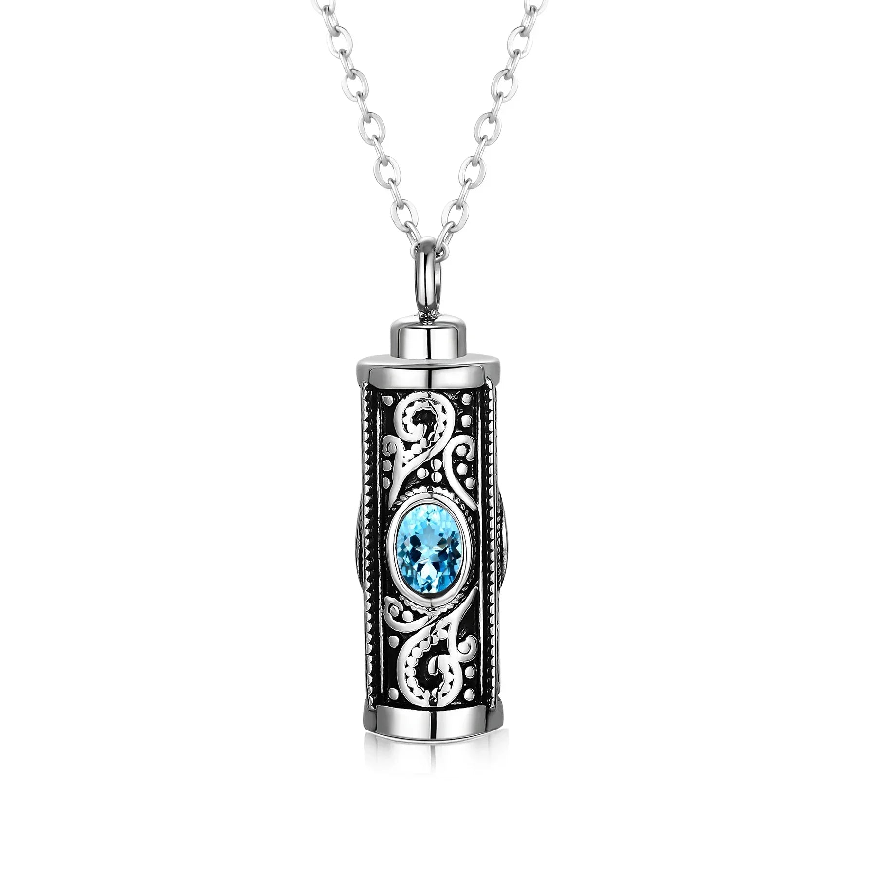 Ornate silver cat cremation keepsake necklace with blue gemstone, Eternal Whiskers jewelry
