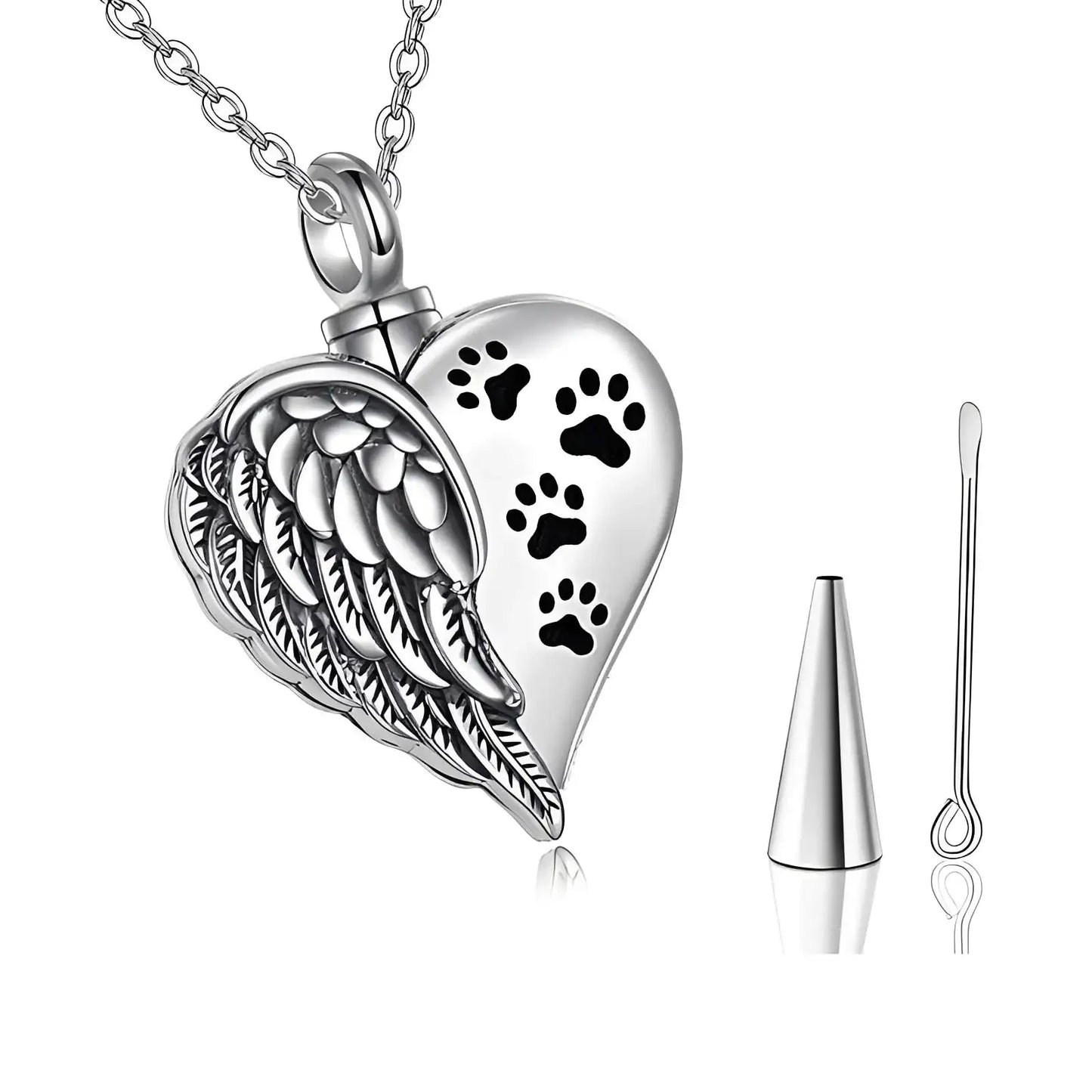 Heart Shape Urn Feather and Paw Print Necklace - Eternal Whiskers