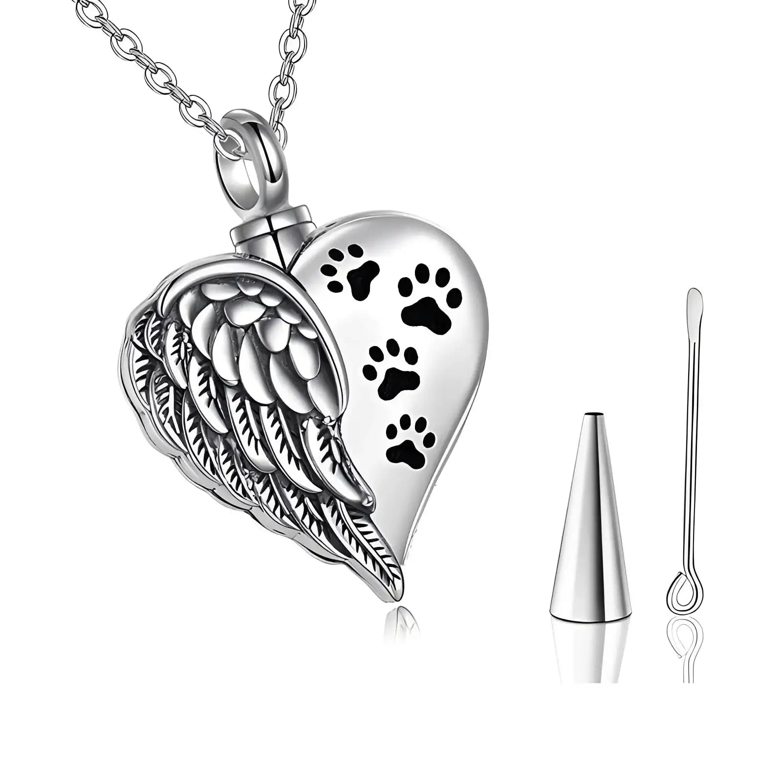 Heart Shape Urn Feather and Paw Print Necklace - Eternal Whiskers