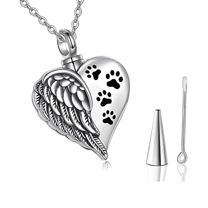 Heart Shape Urn Feather and Paw Print Necklace - Eternal Whiskers