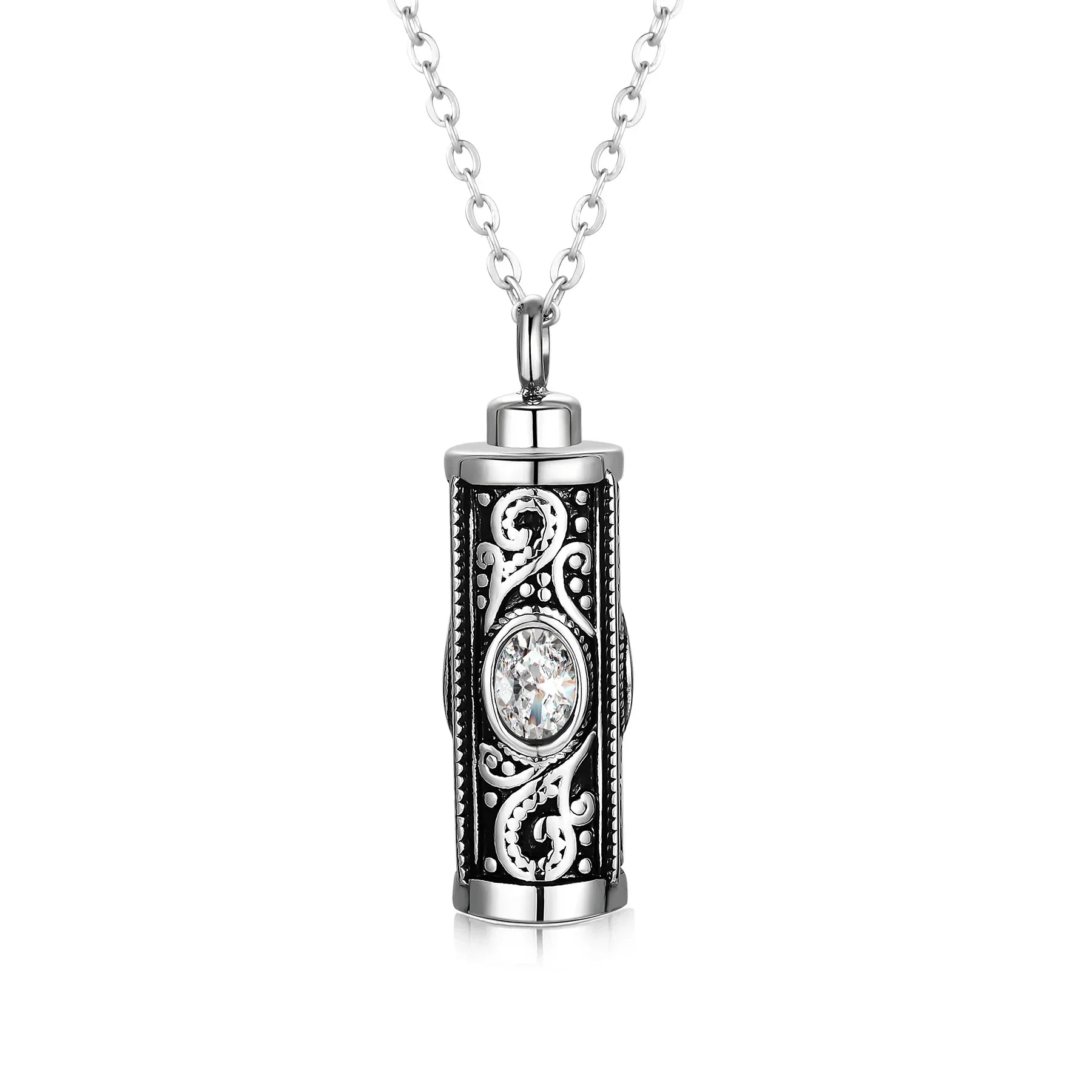 Elegant silver cremation keepsake necklace with ornate black detailing and central crystal, Eternal Whiskers