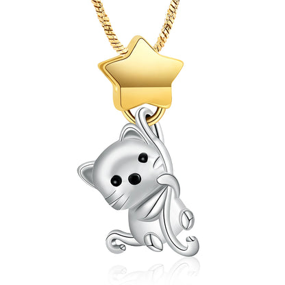 Stainless Steel Star and Cat Urn Necklace