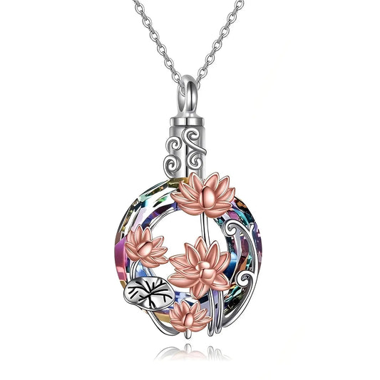 Stainless Steel Lotus Crystal Urn Cremation Necklace - Eternal Whiskers