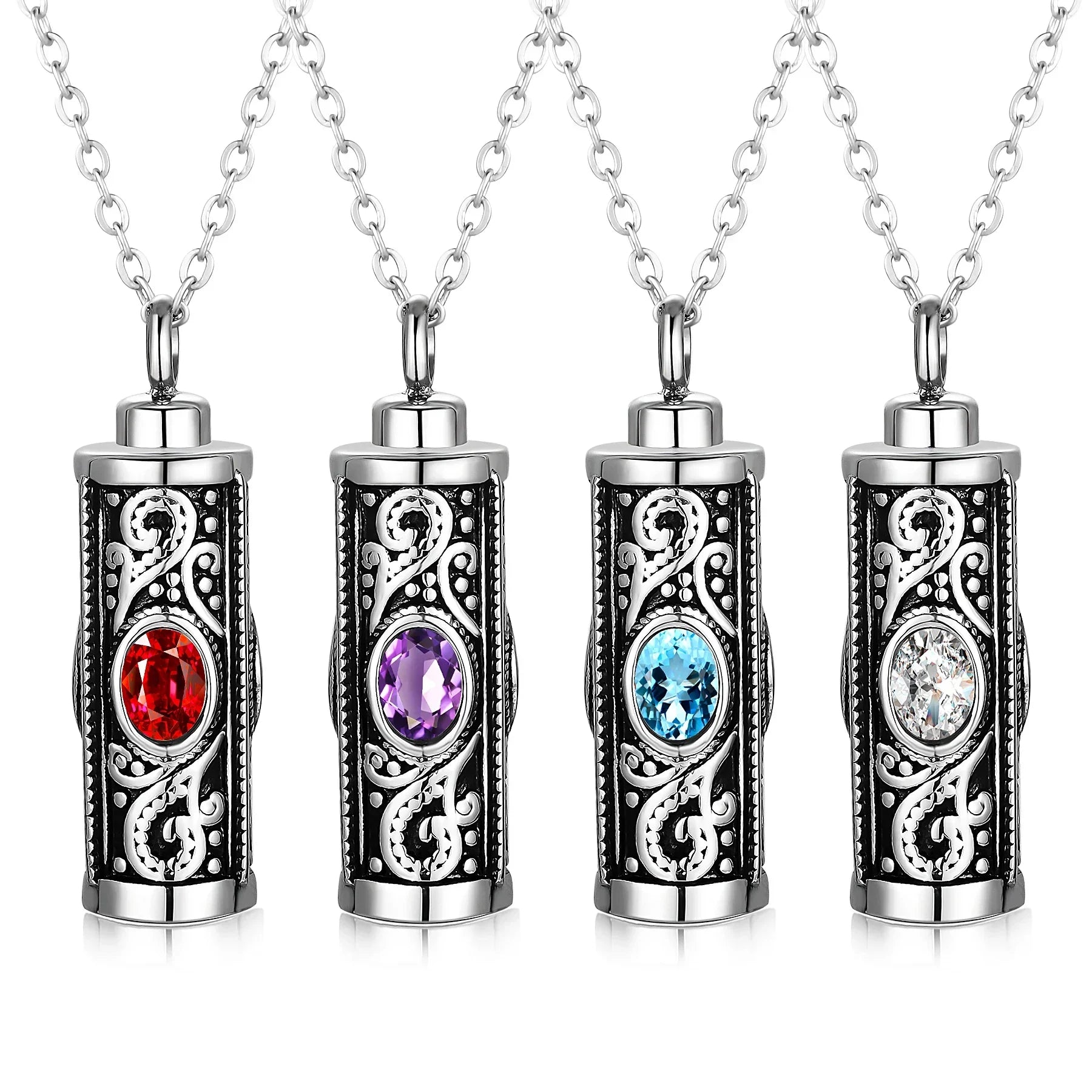 Ornate silver cremation keepsake cat jewelry with red, purple, blue, and clear gemstones.