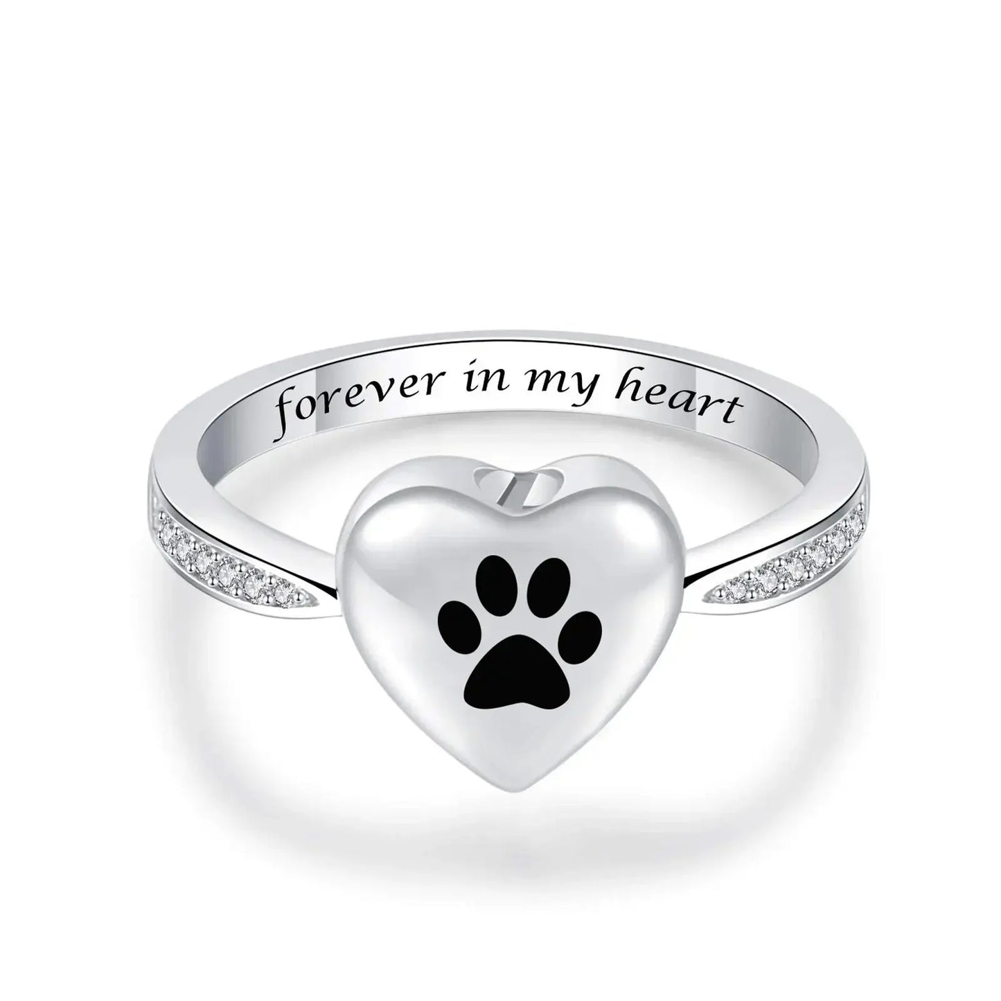 Stainless Steel and Zircon Heart Paw Print Ring - Eternal Whiskers
