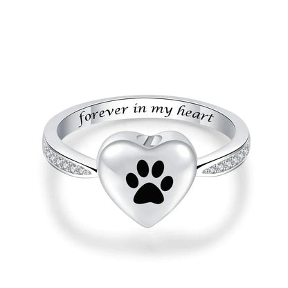 Stainless Steel and Zircon Heart Paw Print Ring - Eternal Whiskers