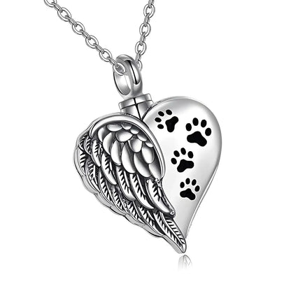 Heart Shape Urn Feather and Paw Print Necklace - Eternal Whiskers