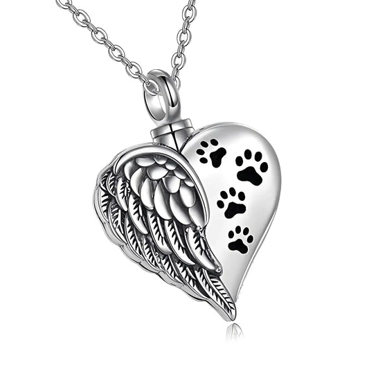 Heart Shape Urn Feather and Paw Print Necklace - Eternal Whiskers