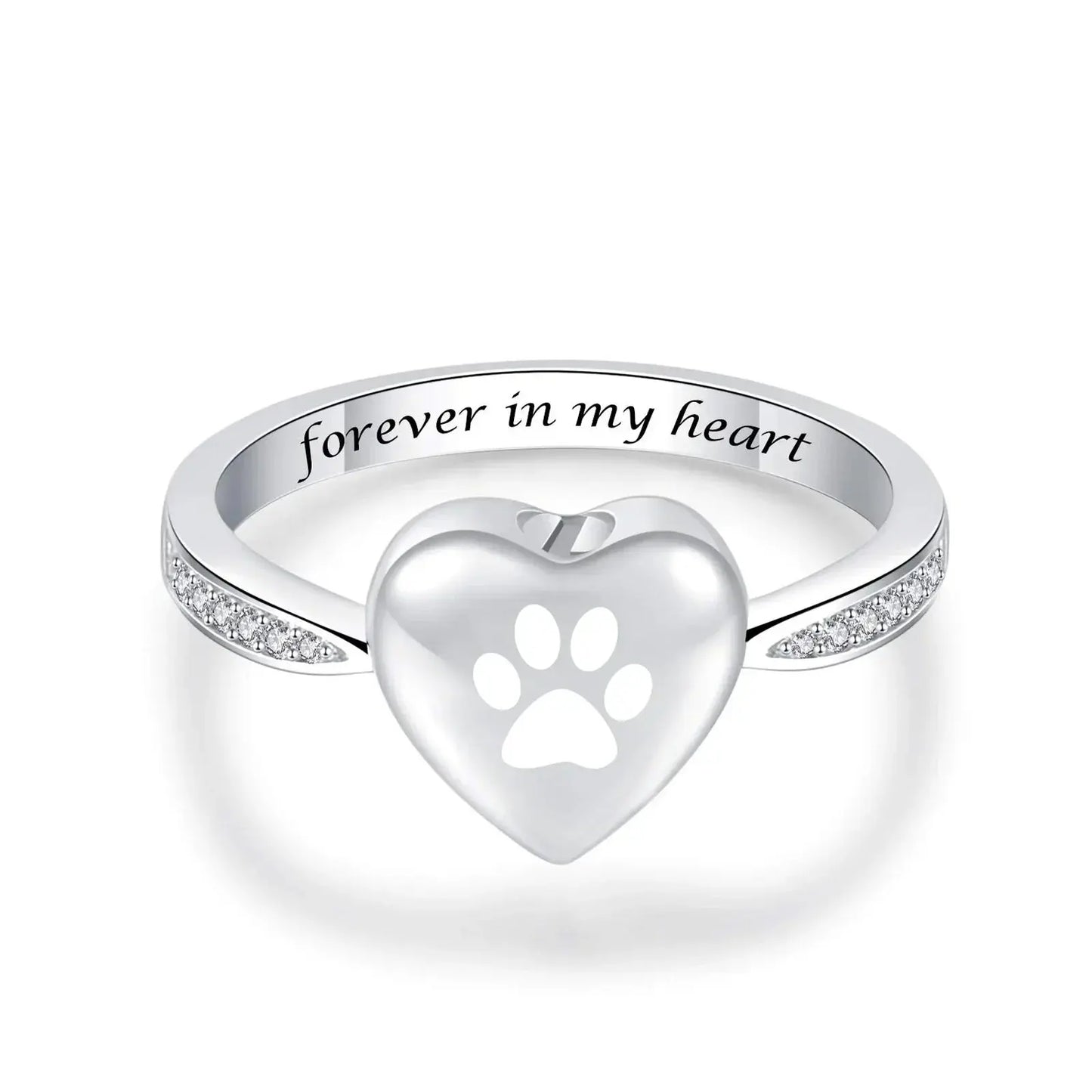 Stainless Steel and Zircon Heart Paw Print Ring - Eternal Whiskers