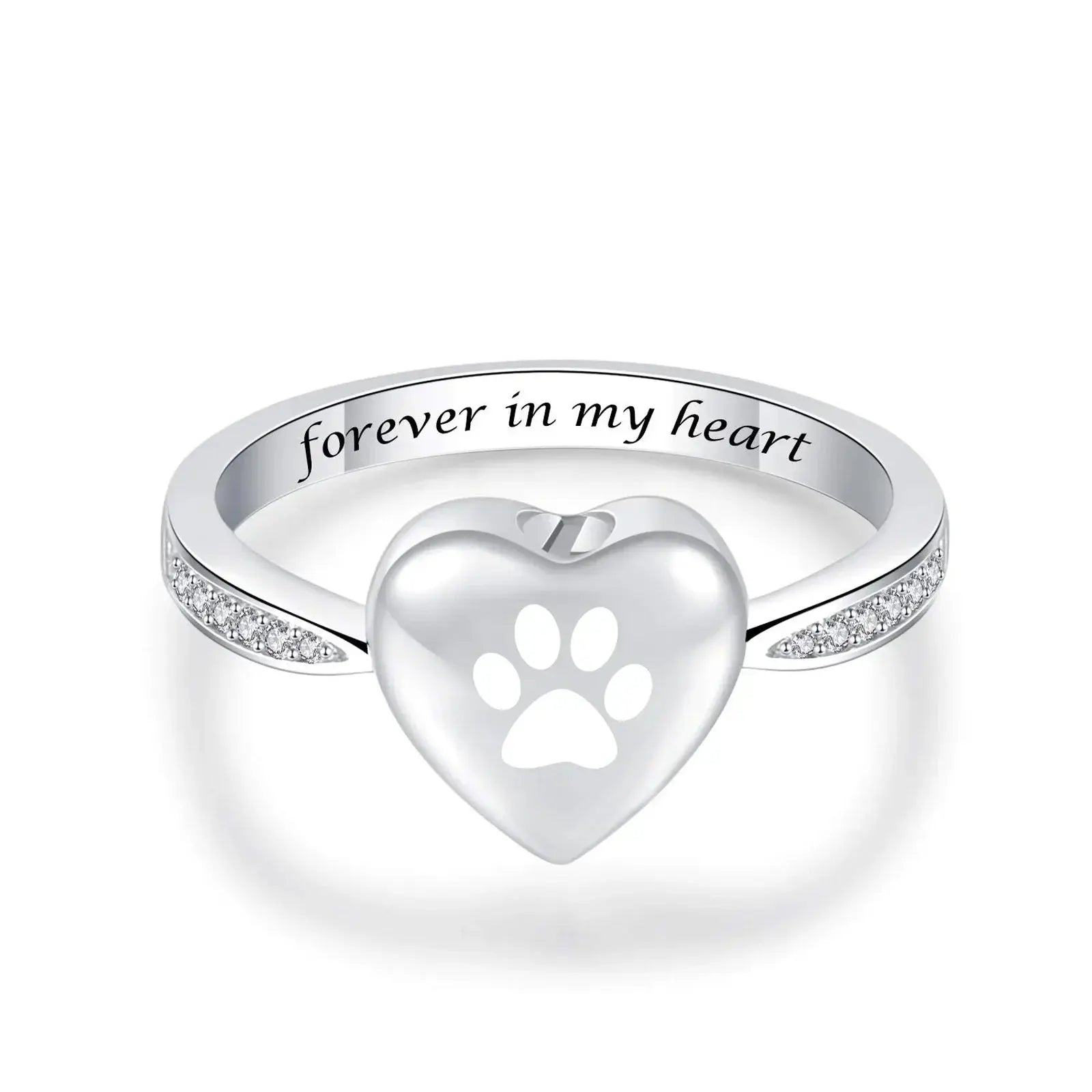 Stainless Steel and Zircon Heart Paw Print Ring - Eternal Whiskers