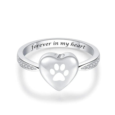 Stainless Steel and Zircon Heart Paw Print Ring - Eternal Whiskers