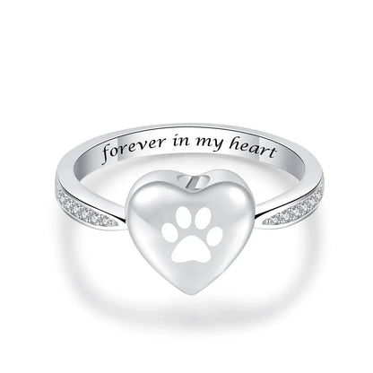 Stainless Steel and Zircon Heart Paw Print Ring - Eternal Whiskers